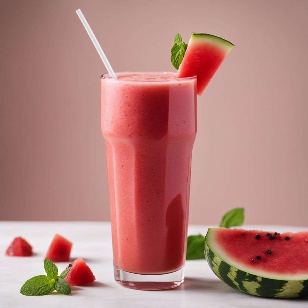 A refreshing watermelon and banana smoothie in a tall glass with a slice of watermelon on the side