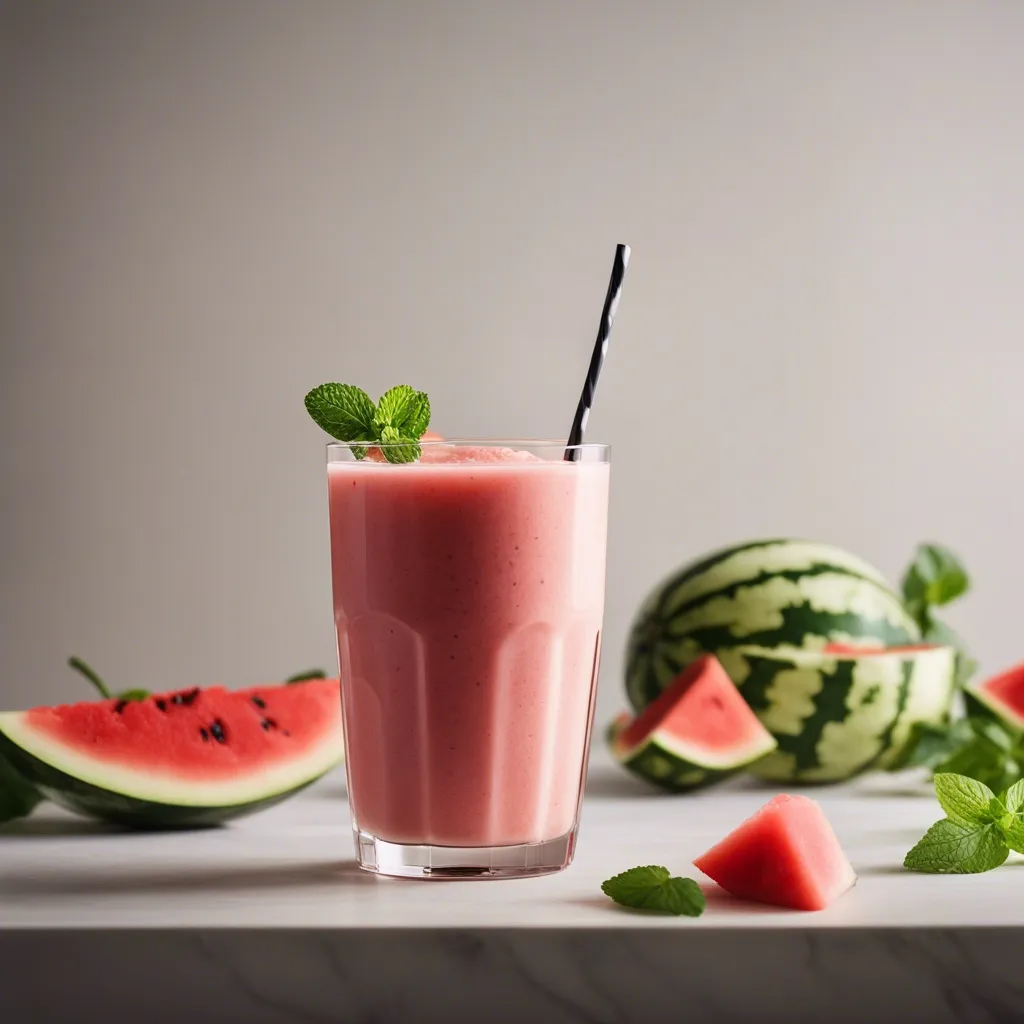 A close-up of a watermelon and banana smoothie in a glass garnished with mint