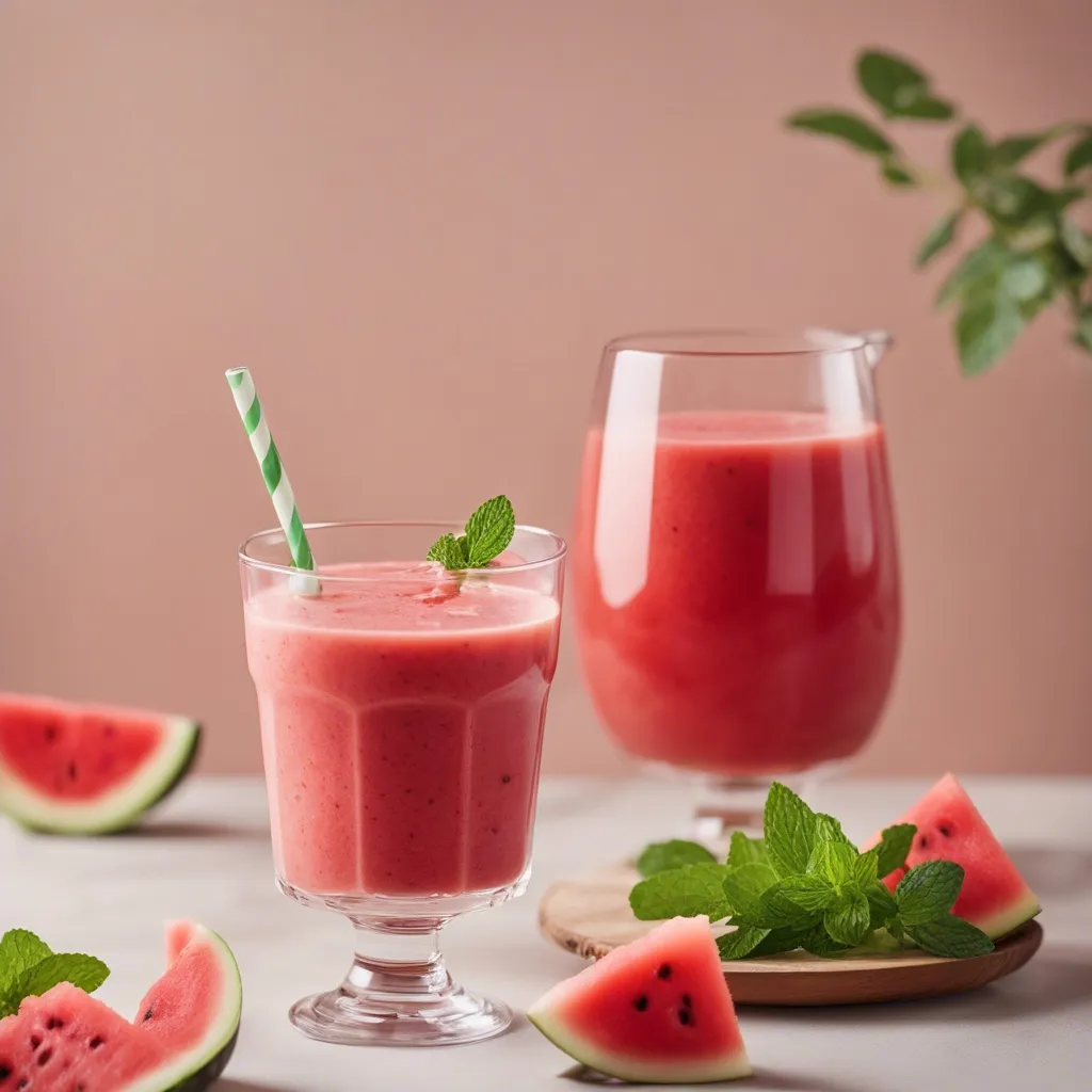 two glasses of watermelon and banana smoothie, with mint as garnish on the glass in the front