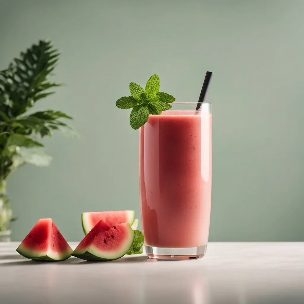 A glass of watermelon and banana smoothie garnished with mint and sliced watermelon on the table near the glass