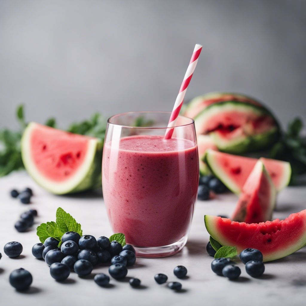 A vibrant watermelon blueberry smoothie in a clear glass with a red and white striped straw, surrounded by fresh blueberries and watermelon slices on a grey backdrop.