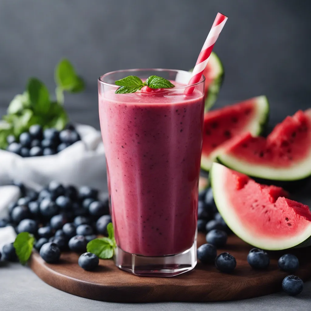 A rich watermelon blueberry smoothie in a clear glass with a red and white striped straw, placed on a wooden cutting board with fresh blueberries and watermelon wedges in the background.