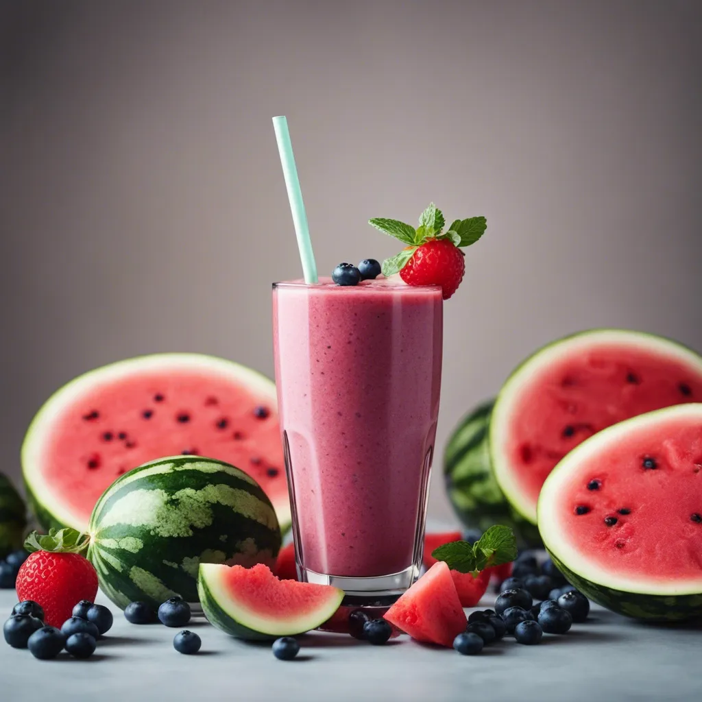 A refreshing watermelon blueberry smoothie in a clear glass with a blue straw, topped with a strawberry and blueberries, accompanied by sliced watermelon and whole blueberries on a grey surface.