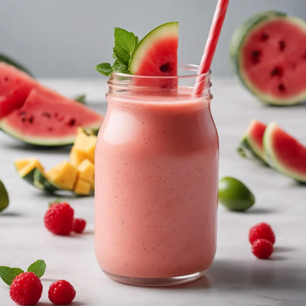 Watermelon Mango Smoothie in a mason jar garnished with a watermelon slice and mint, with raspberries in the foreground