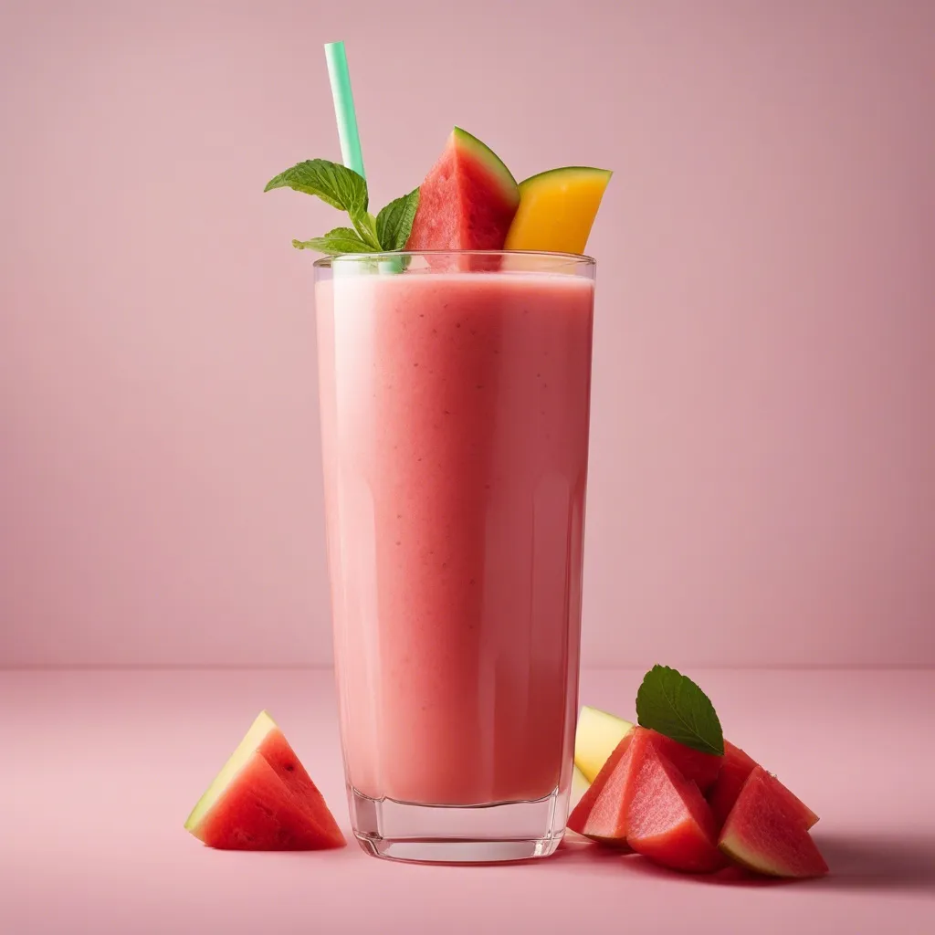 Watermelon Mango Smoothie in a tall glass garnished with a watermelon slice, mango wedge, and mint