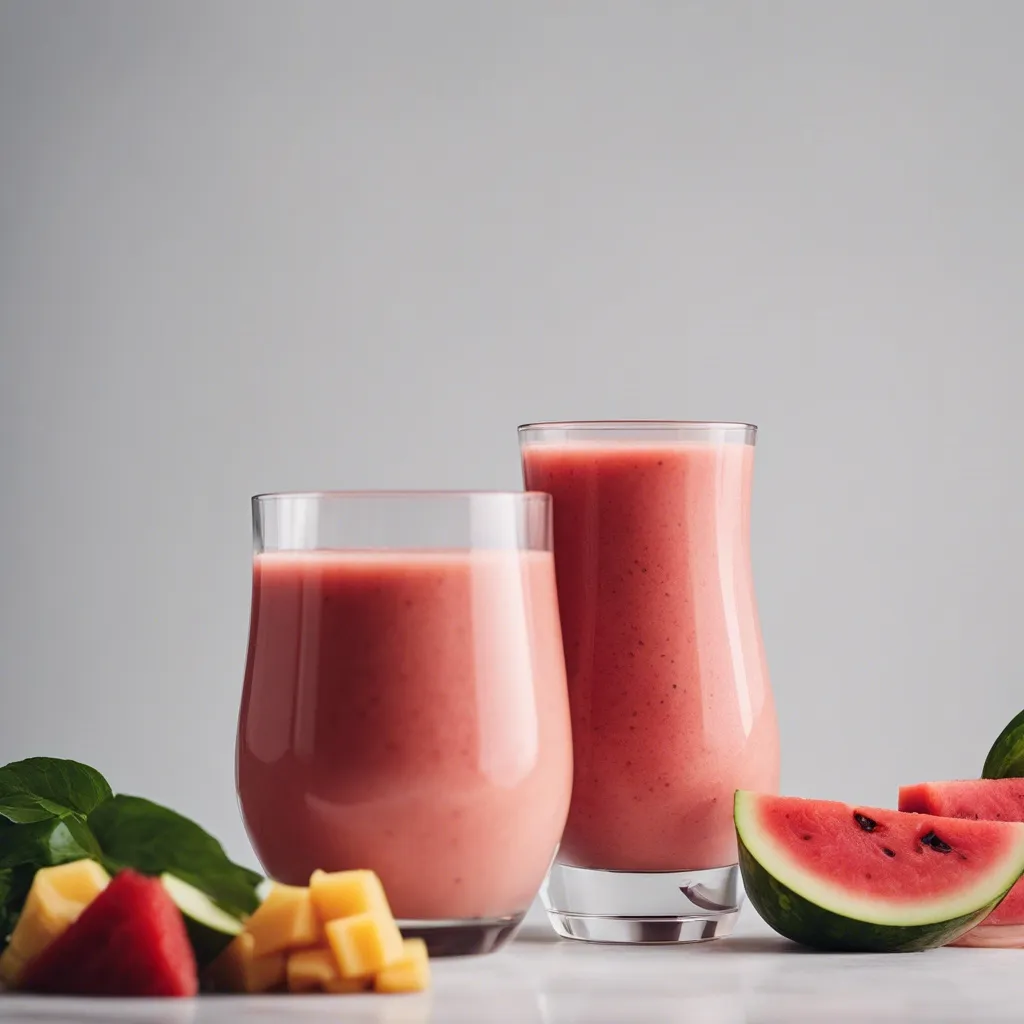 Two glasses of Watermelon Mango Smoothie on a table with watermelon slices and mango cubes in the background