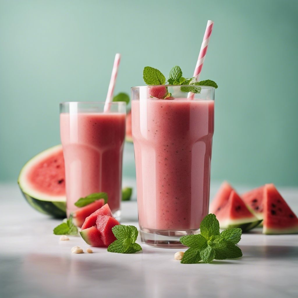 Two glasses of Watermelon Mint Smoothie with straws and garnished with fresh mint leaves