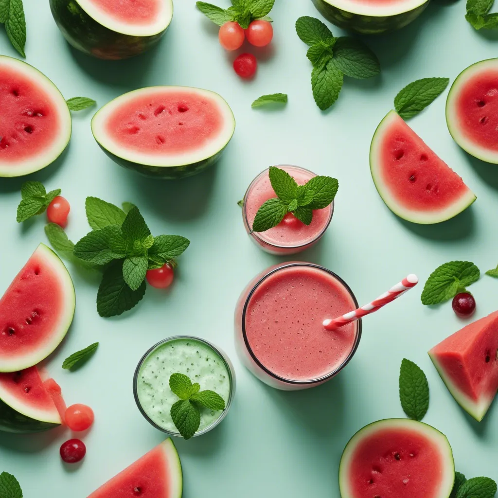 Top view of a variety of smoothies with Watermelon Mint Smoothie in the center surrounded by fresh watermelon slices and mint leaves