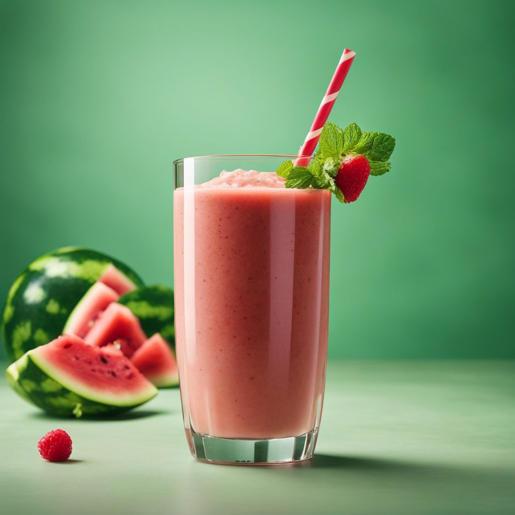 A refreshing watermelon protein smoothie in a tall glass with a slice of watermelon and mint leaves