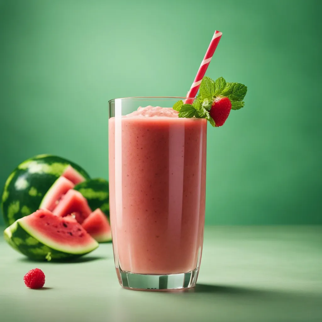 A refreshing watermelon protein smoothie in a tall glass with a slice of watermelon and mint leaves