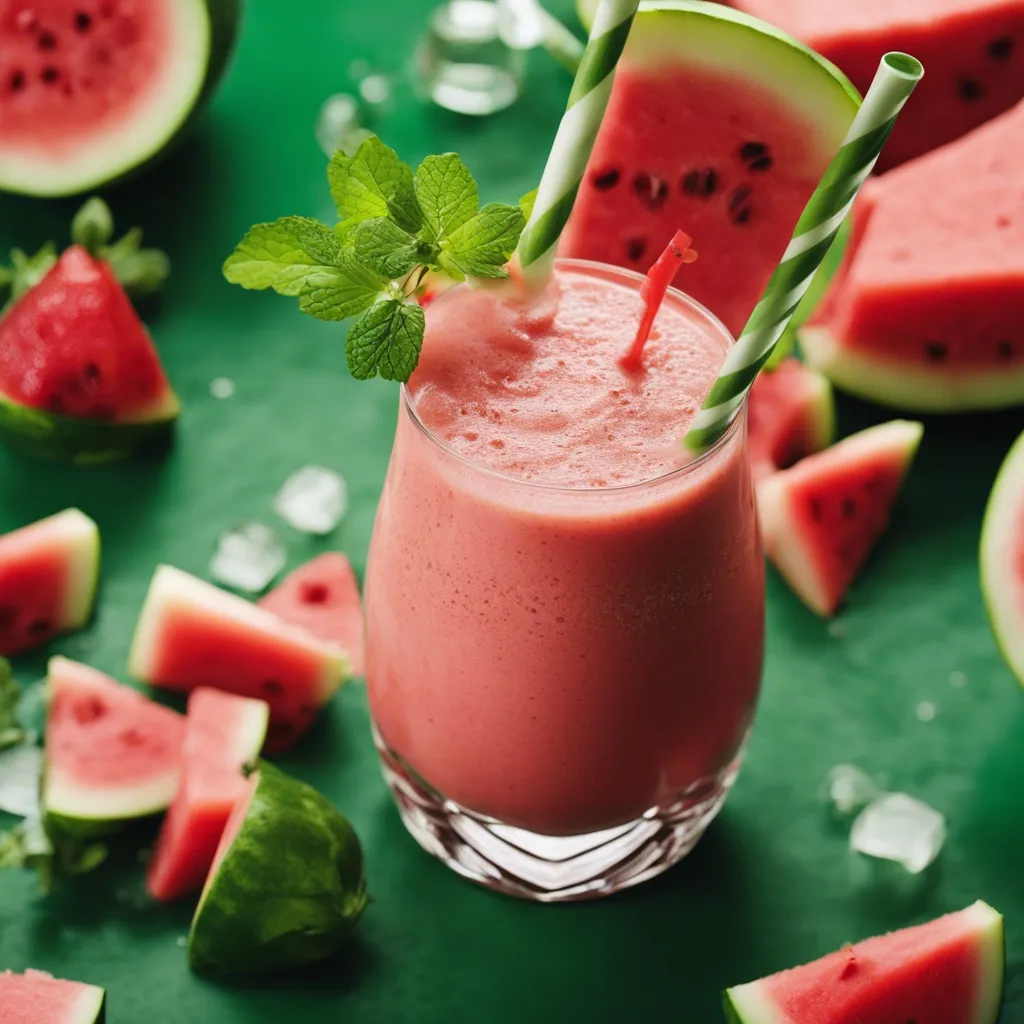 A glass of watermelon smoothie garnished with mint, surrounded by watermelon slices, on a green background