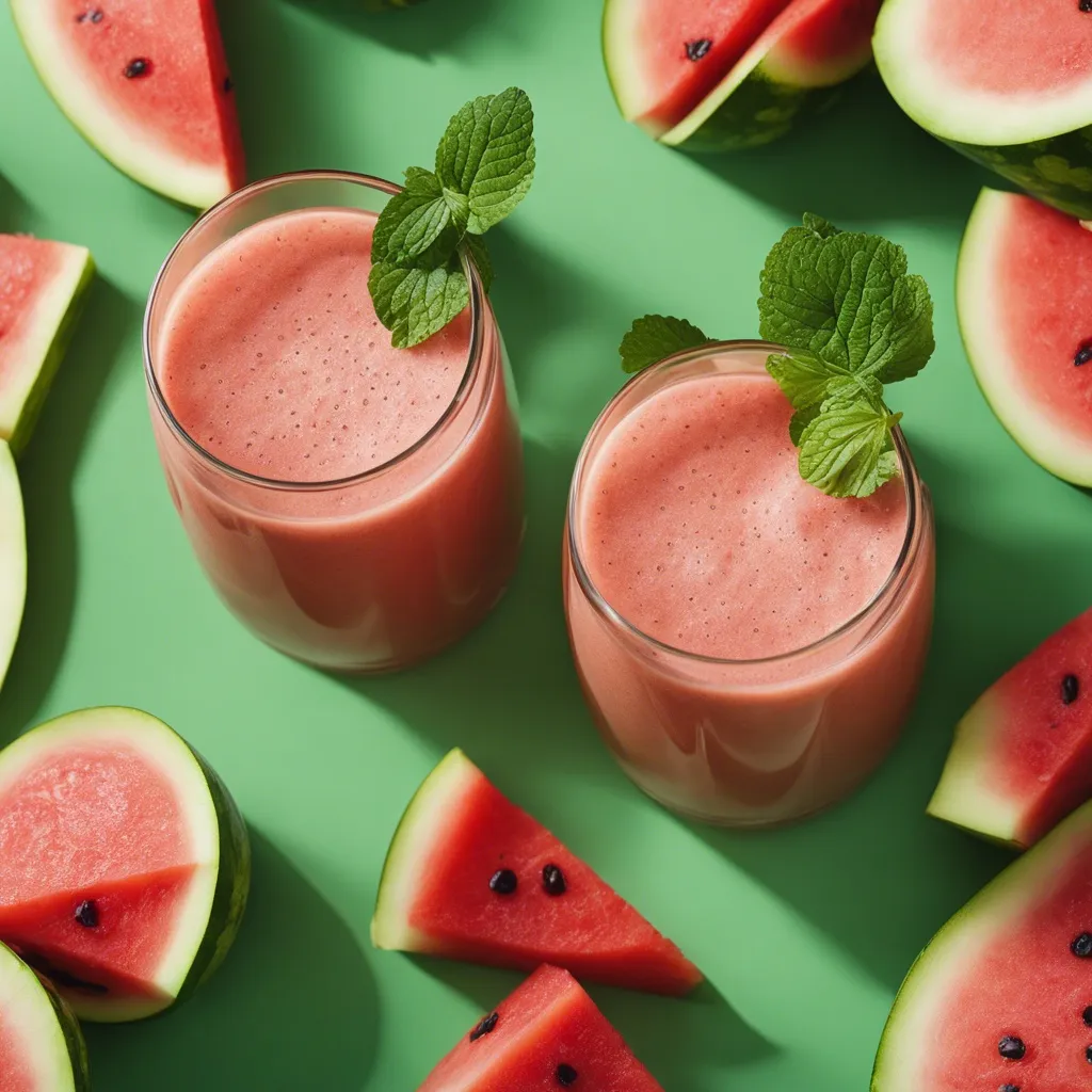 Two glasses of watermelon smoothie with mint garnish, among fresh watermelon slices on a green surface