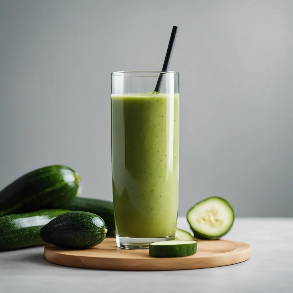 A creamy zucchini smoothie in a tall glass with a black straw, surrounded by fresh zucchini slices on a wooden board