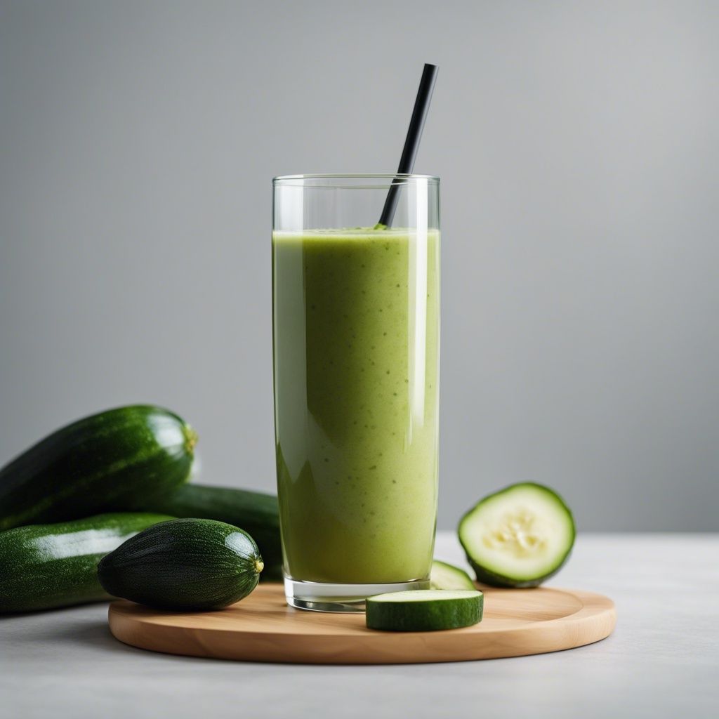 A creamy zucchini smoothie in a tall glass with a black straw, surrounded by fresh zucchini slices on a wooden board