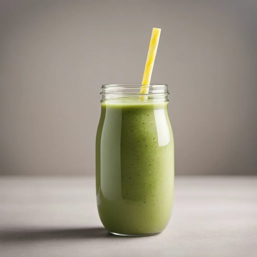 Zucchini smoothie served in a mason jar with a yellow striped straw, presented on a neutral backdrop