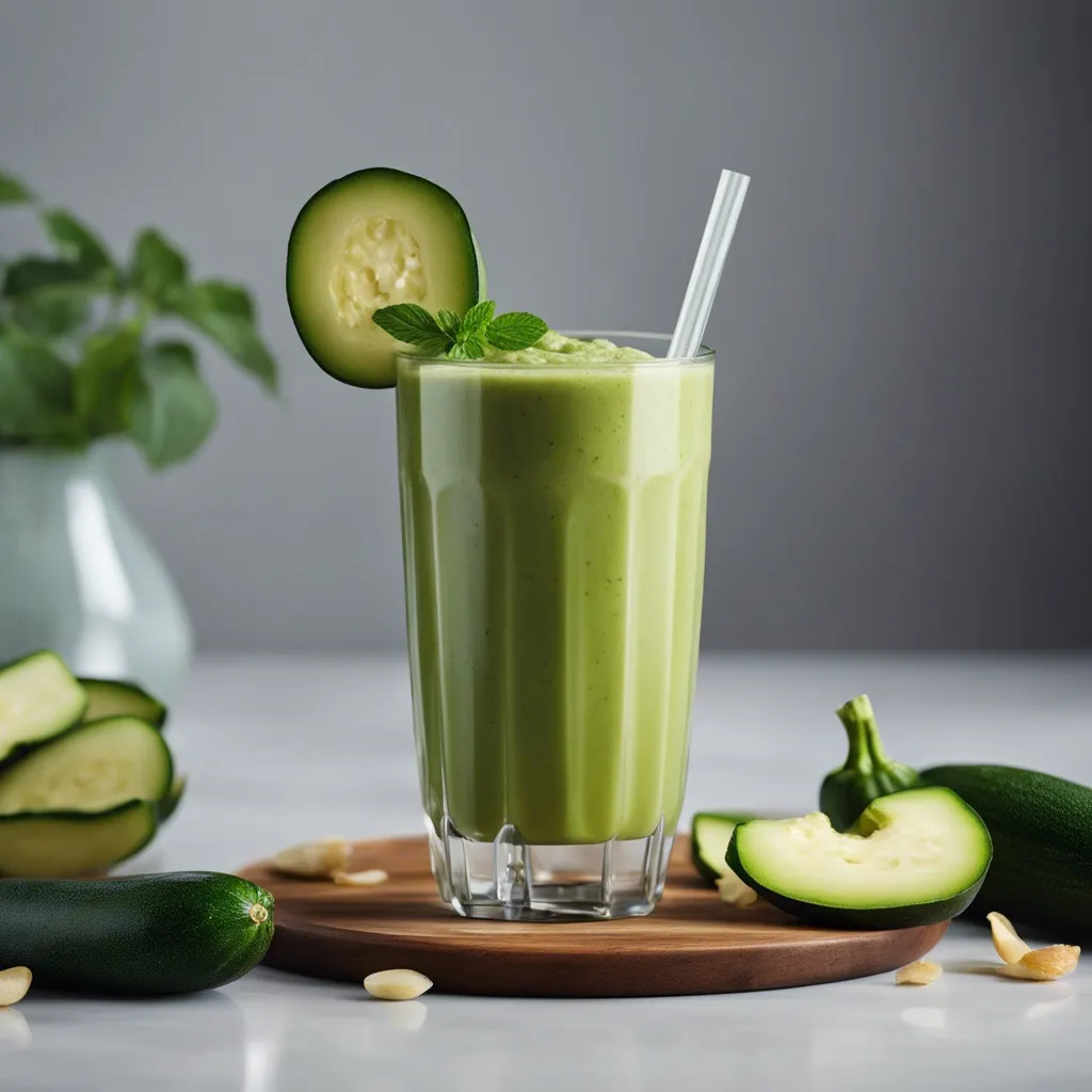 A tall glass of zucchini smoothie with a transparent straw, accompanied by sliced zucchini on a simple, marble kitchen counterop.